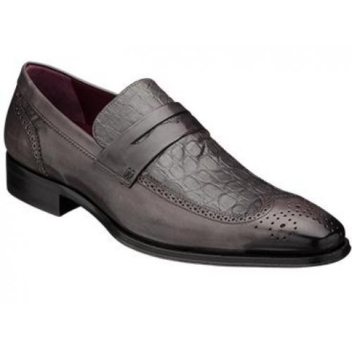 Mezlan "Treviso" Grey Genuine Crocodile & Burnished Italian Calfskin Loafer Shoes